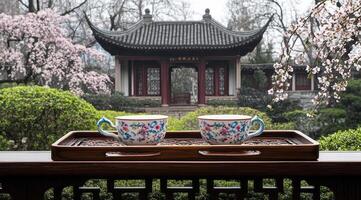 Two teacups on a wooden tray, serene garden backdrop photo