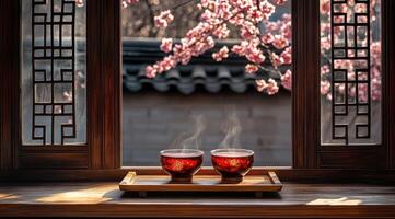 Two steaming teacups on a windowsill, overlooking a blossoming plum tree photo