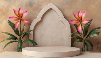 Beige pedestal with pink flowers and archway photo