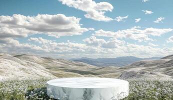 Marble podium amidst a field of flowers, scenic mountain backdrop photo