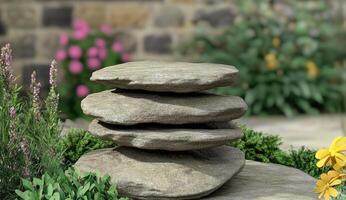 Stacked stones display in garden setting photo