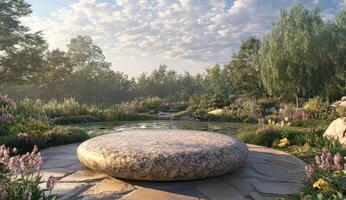 Serene stone platform in a flower-filled garden photo