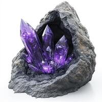 Purple crystals nestled in a dark stone cave photo