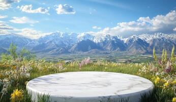 Empty marble podium amidst a vibrant flower-filled meadow, overlooking a majestic mountain range photo