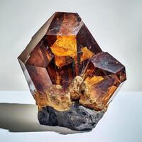 A cluster of translucent amber crystals atop a dark base photo
