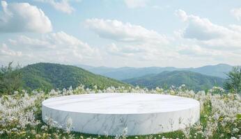 White marble pedestal amidst a flower-filled meadow atop a mountain range photo