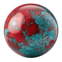 A vibrant, round gemstone sphere with a mix of deep red and teal-blue photo