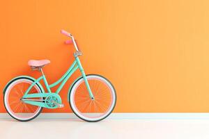 Teal bicycle against orange wall photo