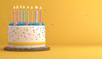 Birthday cake with colorful decorations and lit candles photo