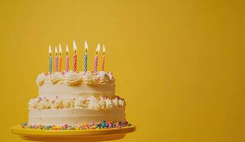 Two-tiered birthday cake with colorful candles on a yellow stand photo