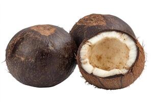 Two whole and one halved coconuts photo
