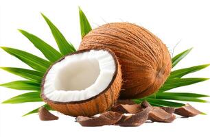 Fresh coconut halves with green leaves photo
