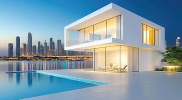 Modern luxury home with a pool overlooking a city skyline photo