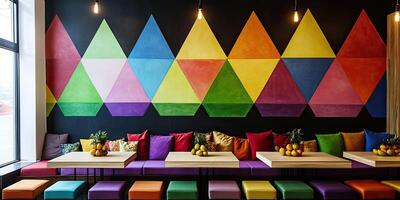 Vibrant Triangular Wall Decorates a Colorful Cafe photo