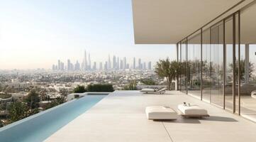 Modern penthouse terrace with city views photo