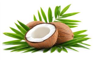 Fresh coconut halves with green palm fronds photo