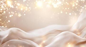 Elegant, flowing fabric draped over a soft beige backdrop, with shimmering golden particles photo