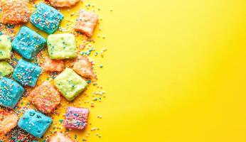 Colorful candy squares on yellow background photo