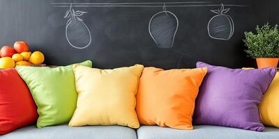 Colorful Cushions on a Sofa Against a Chalkboard Wall photo
