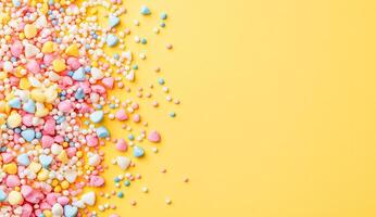 Colorful sprinkles border on yellow background photo