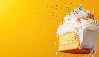 Birthday cake slice in mid-air, with colorful sprinkles and candles photo