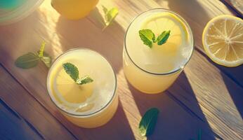 Refreshing lemon drinks on a wooden table photo