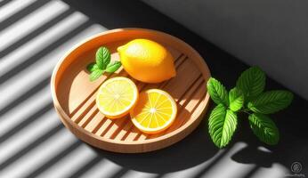 Fresh lemon slices on a wooden tray, with mint leaves photo