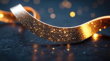 Golden ribbon in motion on a dark surface photo