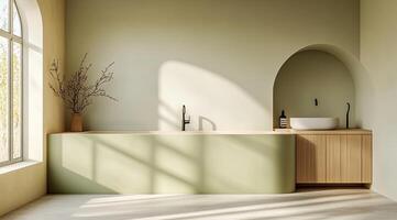 Serene, minimalist bathroom with soft green tones. Sunlight streams in, highlighting the curved vanity and arch alcove photo