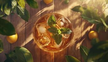 Iced tea drink with fresh mint on a wooden table photo
