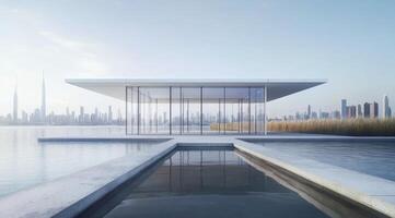 Modern pavilion on a tranquil waterfront photo