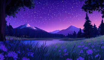 Starry night over a purple meadow photo