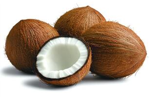 Fresh coconuts, whole and halved, displaying brown husk and white flesh photo