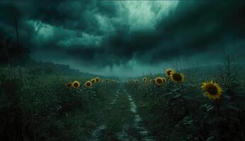 Stormy sunflower field path photo