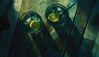 Refreshing Iced Drinks on Wooden Table photo