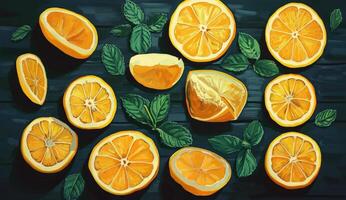 Fresh citrus slices and mint leaves on a dark wooden surface photo