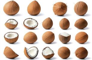 Fresh coconuts, whole and halved, isolated on white photo