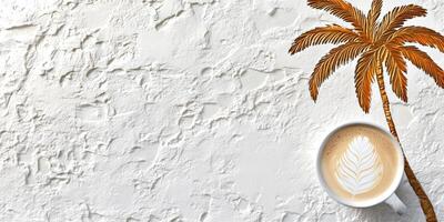 Creamy Latte and Tropical Palm on Textured White Background photo
