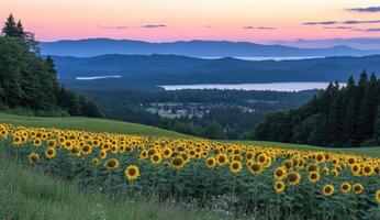 Sunflowers field at sunrise overlooking a lake and mountains photo