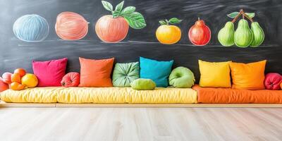 Colorful seating area with fruit wall art photo
