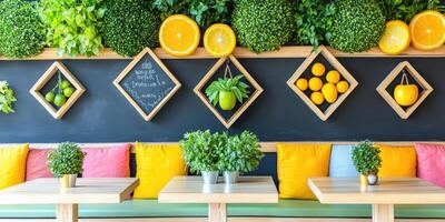Vibrant Cafe Decorated with Fresh Fruit and Greenery photo