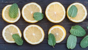 Fresh lemon slices with mint leaves on a dark wooden surface photo