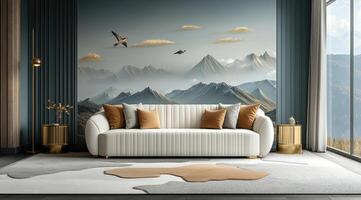 Modern, elegant living room featuring a white sofa, mountain mural, and warm tones photo