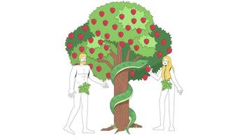 Adam and Eve with serpent at tree of knowledge 2D bible characters animation. Biblical people picking apple, snake coiled around appletree trunk animated cartoon 4K isolated on white transparent video