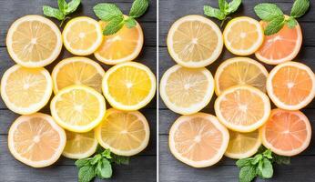 Lemon slices in two different color tones, with fresh mint photo