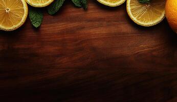 Citrus slices and mint on a wooden surface photo