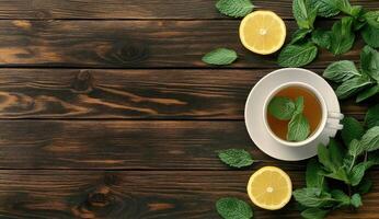Aromatic herbal tea, fresh mint and lemon on wooden table photo