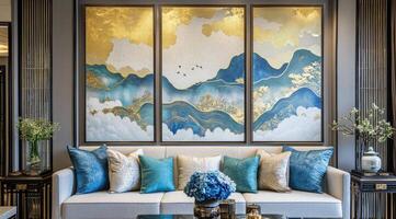 Elegant living room featuring a triptych wall art photo