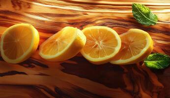 Freshly sliced lemons on olive wood board photo