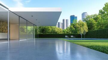 Modern architectural home exterior with city view photo